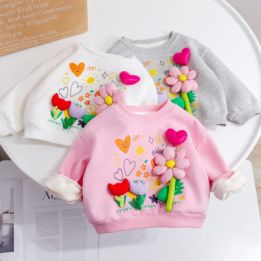 Baby Girl Flower Patched Pattern Thickened Autumn Hoodies